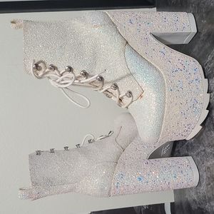 Dolls Kill YRU Night Terror Size 8 US Women 6.75" White Glitter Platform Heels